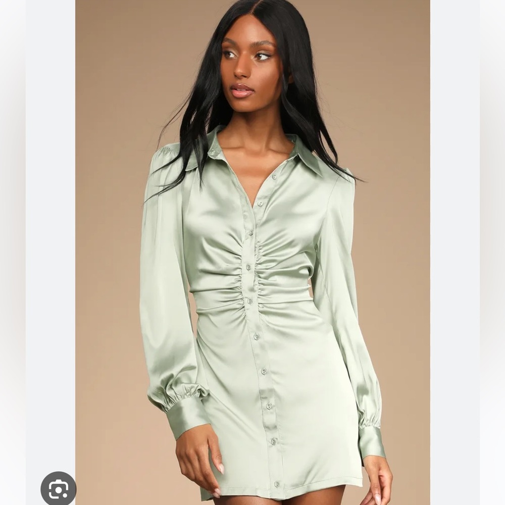 Don't Ruche Into Things Sage Green Satin Long Sleeve Shirt Dress